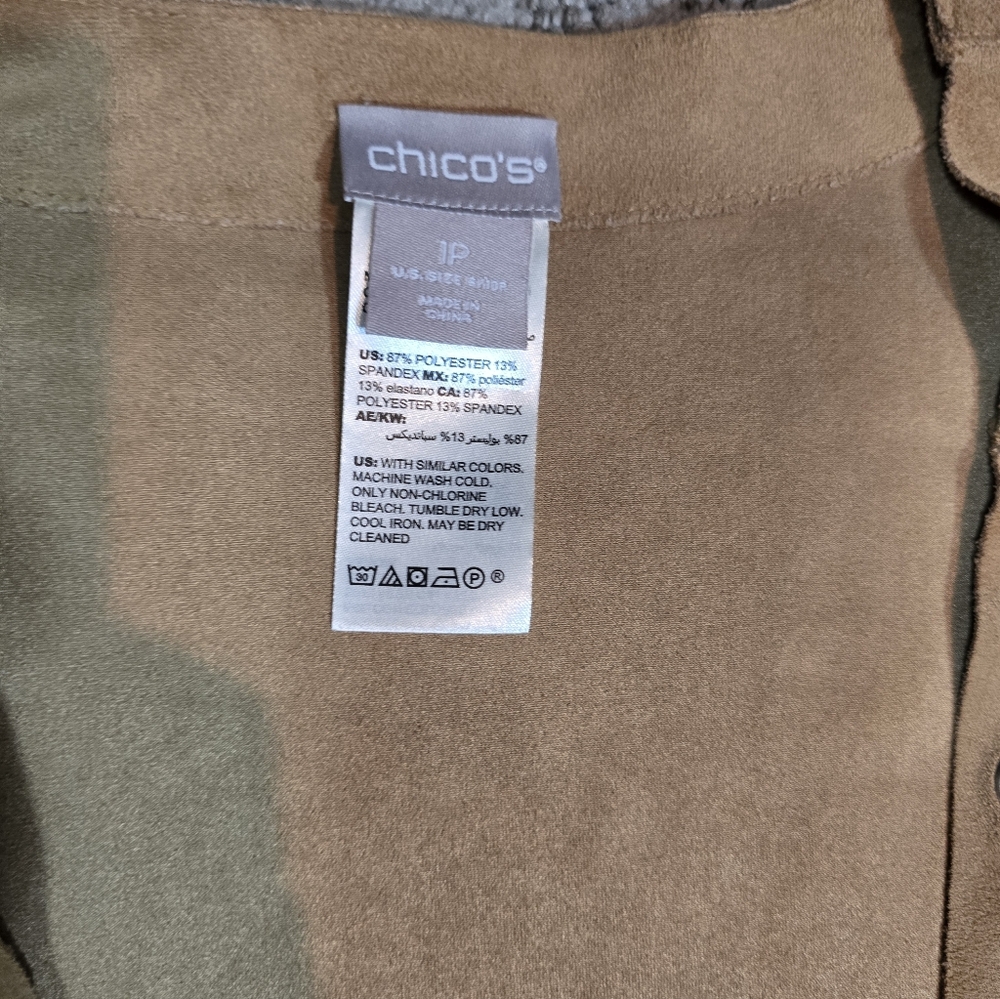 Chico's Faux Suede Drape Front Jacket With Grommets Size Medium Petite Tan - Picture 2 of 6